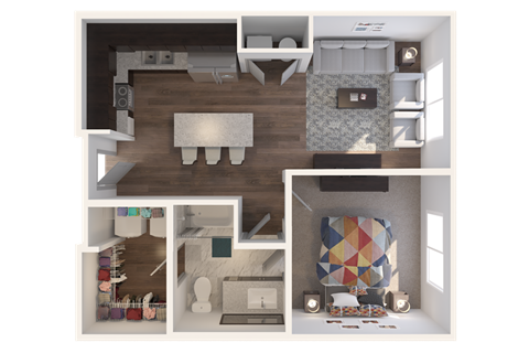 Floor plan for 1 bed, 1 bath, 666 sqft